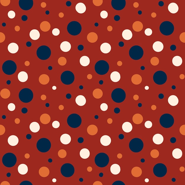 Retro style multi colour dots seamless pattern on dark red background