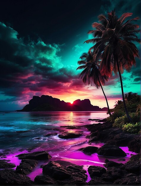 Retro style night rocky shore with palm trees and ocean Lit by the sun Looped 3d animation