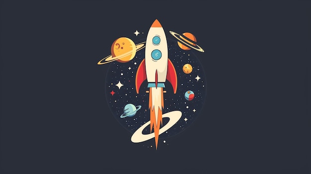 Retro style rocket taking off into a starry night sky