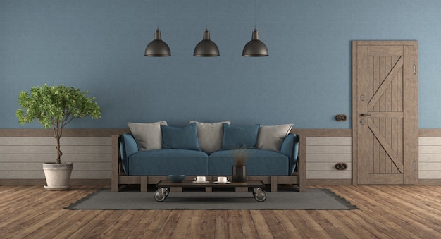 Retro style room with front door , wooden sofa with blue and gray cushions - 3d rendering