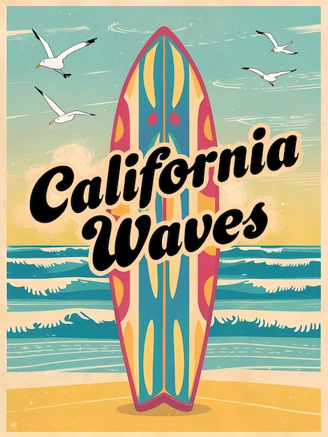 Photo a retro style surf illustration poster that says california waves in the letters