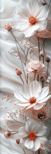 retro style white daisies and pink flowers on white background