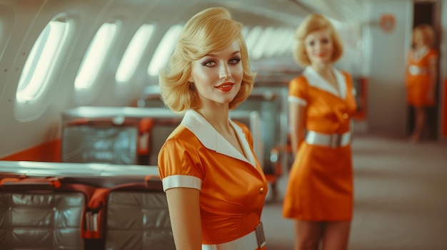 Photo retro styled air hostesses posing in vintage airplane cabin with authentic sixties fashion