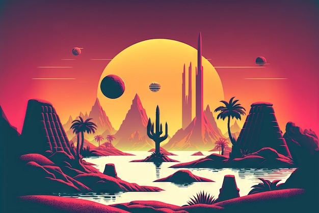 Retro styled scifi landscape with mountains Retro futuristic science fiction illustration in drawing style with alien sun Generated AI