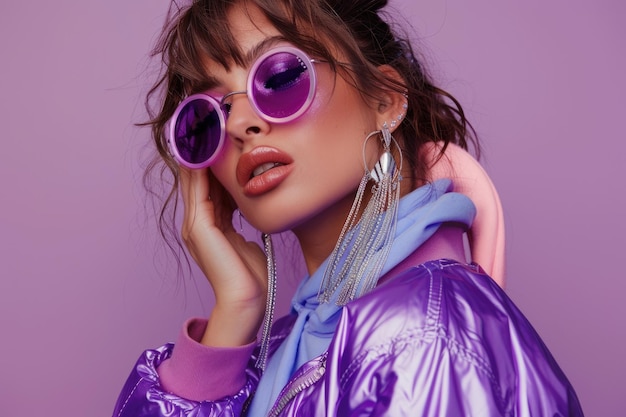 Photo retro styled woman in purple jacket dancing at party