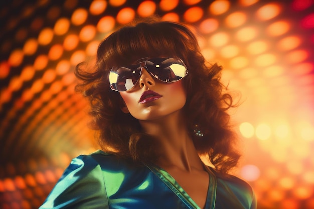 Retro styled woman with sunglasses against bokeh lights