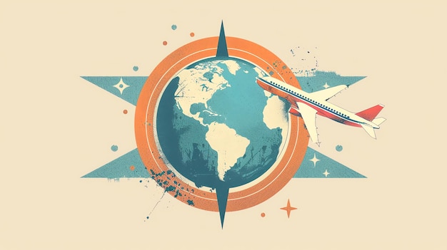 Photo retro stylized illustration of an airplane flying around the globe