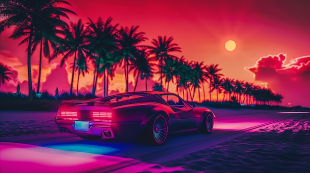 Retro Sunset Drive on a Tropical Beach