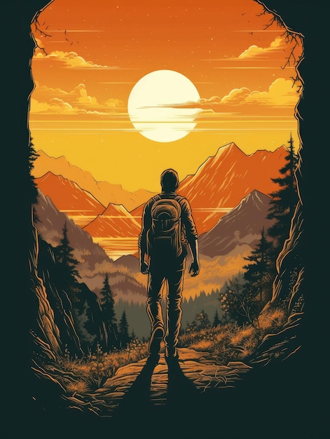 Retro sunset mountain hiking extreme adventure vintage Print for Tshirts Generative AI