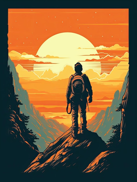 Retro sunset mountain hiking extreme adventure vintage Print for Tshirts Generative AI