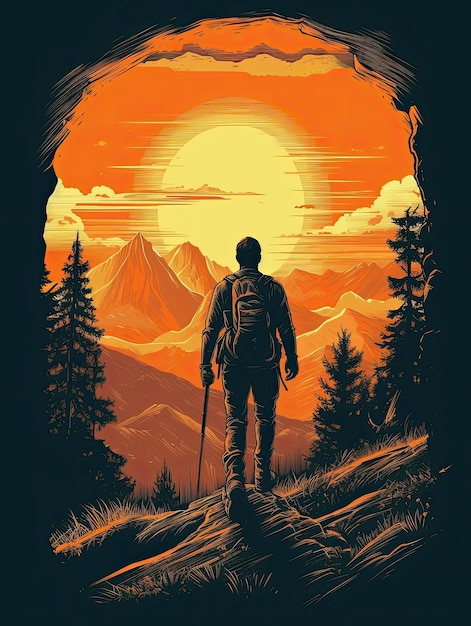 Retro sunset mountain hiking extreme adventure vintage Print for Tshirts Generative AI