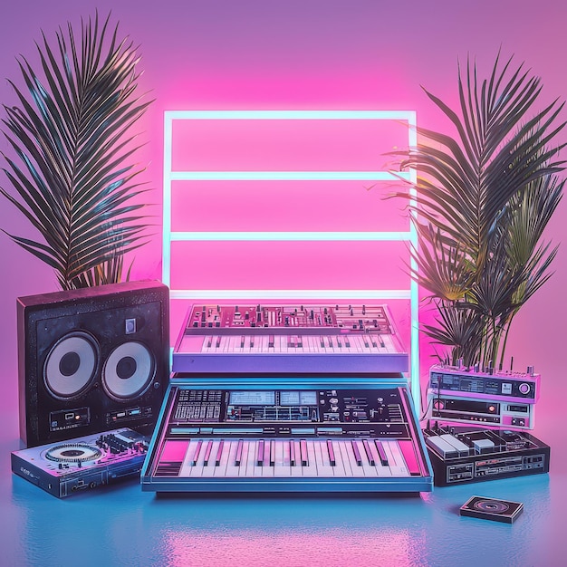 Photo retro synth studio setup with neon light and palm trees