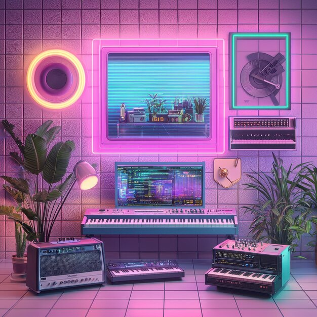 Photo retro synth studio with neon lights and plants