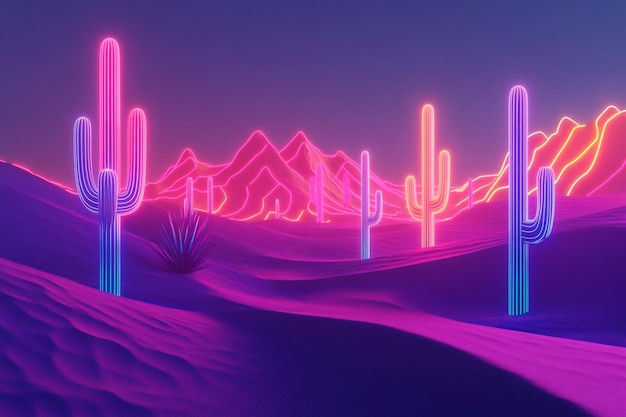 Photo retro synthwave desert with neon cacti 3d background wallpaper