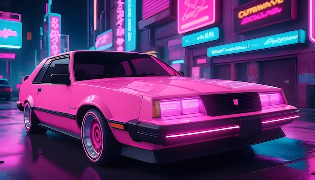 Retro Sythwave 80s style pink car motor transportation Ultrawide background Generative ai