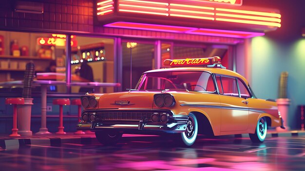 Photo retro taxi cab in neon cityscape