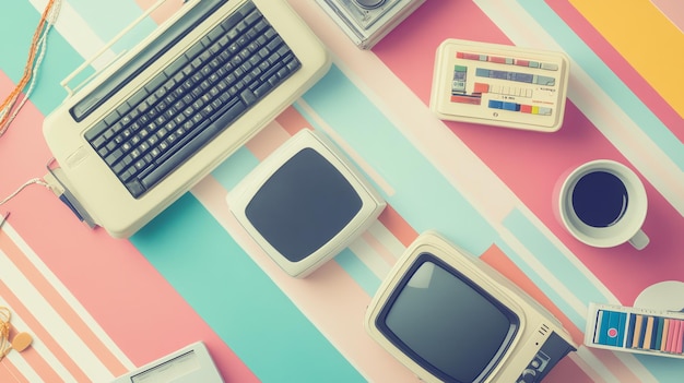 Photo retro tech and coffee on a colorful background