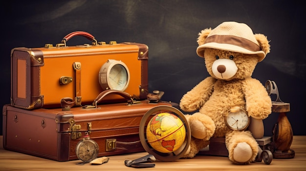 Retro teddy bear toy in aviators hat wooden plane