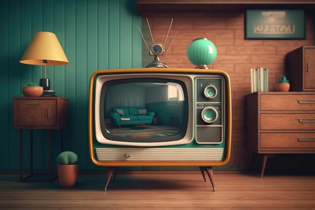 Retro television from the fifties in an old living room Generative AI