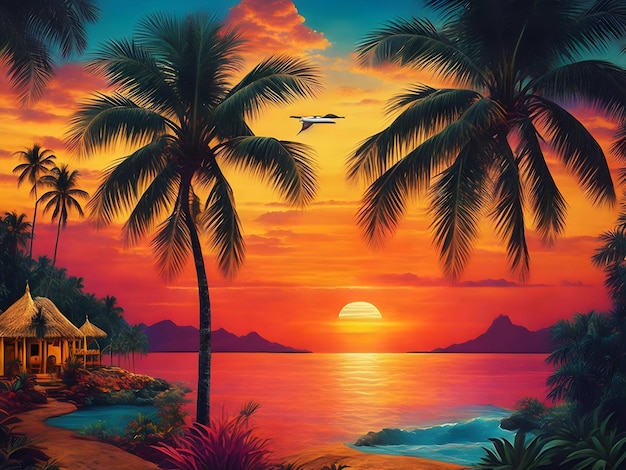 Retro tropical beach sunset