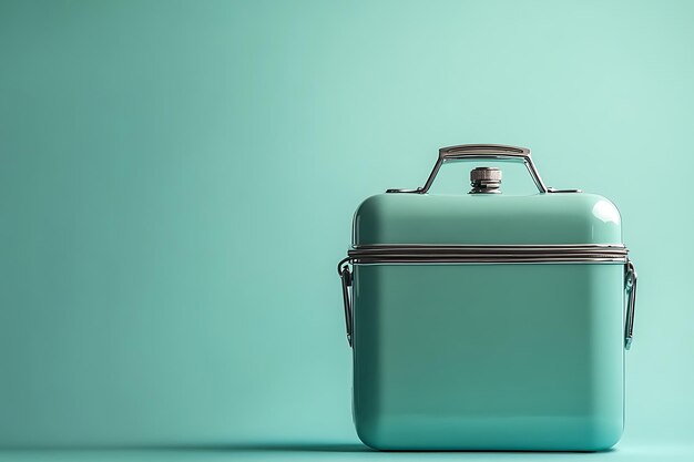 Retro Turquoise Cooler with Chrome Accents on a Mint Green Background