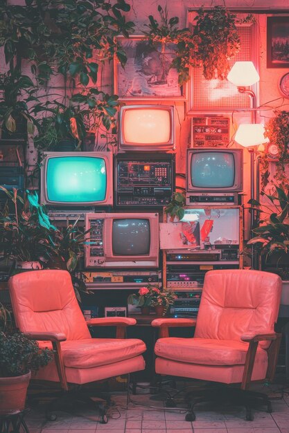 Retro TV Lounge with Pink Armchairs and Plants