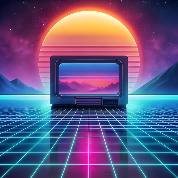 Photo a retro tv set stands on a glowing neon grid floor against a backdrop of a vibrant sunset and starry sky