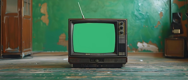 Retro TV with Green Screen on Vintage Backdrop NostalgiaReady Concept Vintage Technology Green Screen Nostalgia Throwback Classic TV