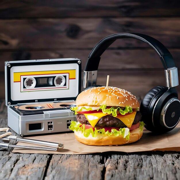 Photo retro vibes a burger with cassette player and headphones