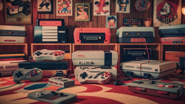 Photo retro video game consoles displayed in a vintagethemed room