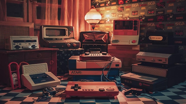 Photo retro video game consoles displayed in a vintagethemed room