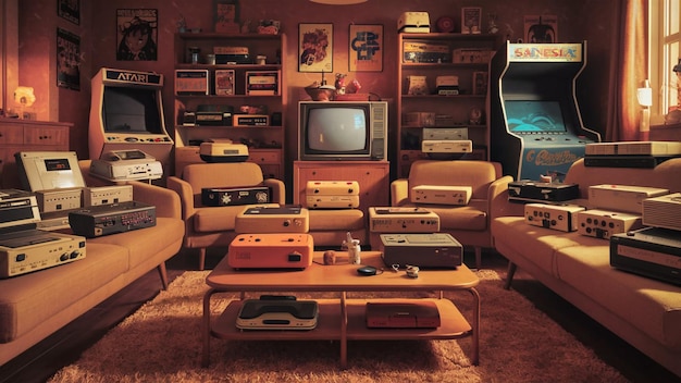 Photo retro video game consoles displayed in a vintagethemed room