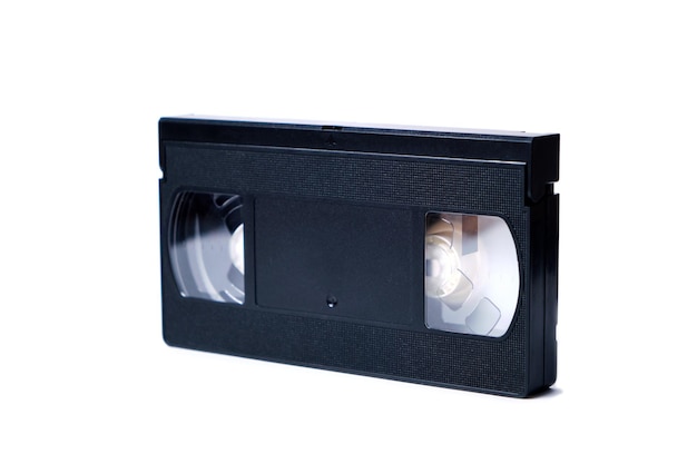 Retro videotape on white background, close-up isolate.