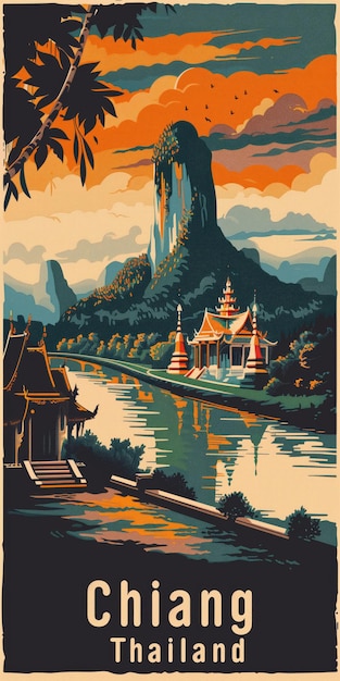 Photo a retro view of the chiang mai river and temple