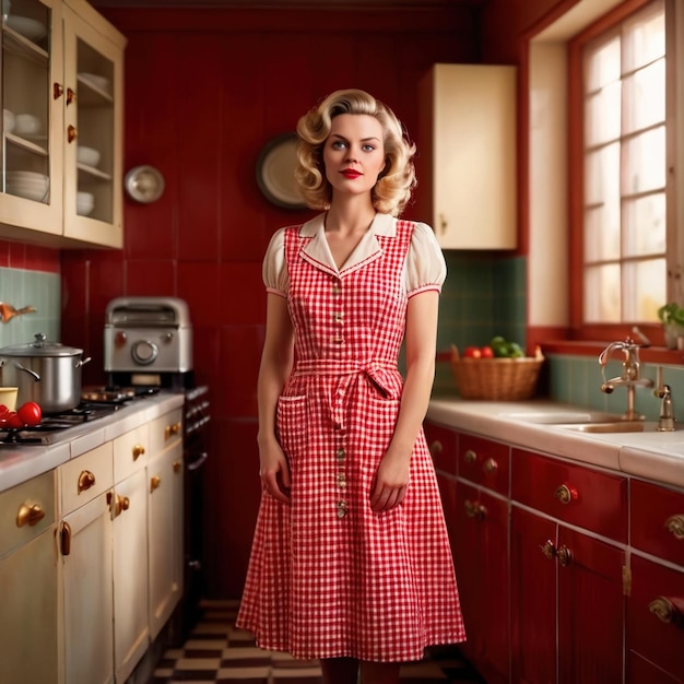 Photo retro vintage 1950s housewife in red outfit and kitchen