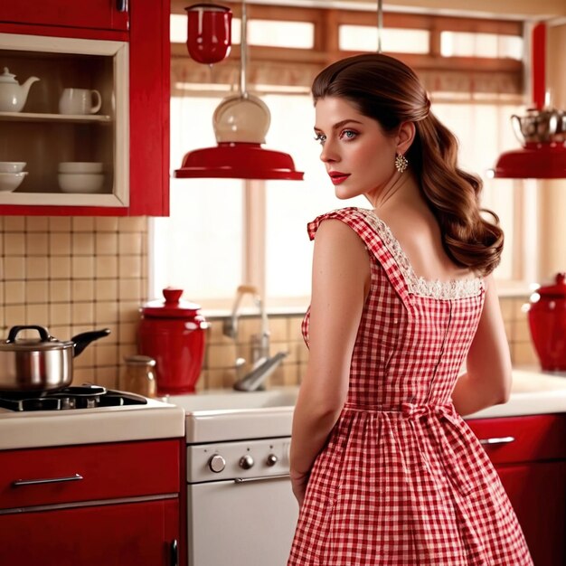 Retro vintage 1950s housewife in red outfit and kitchen