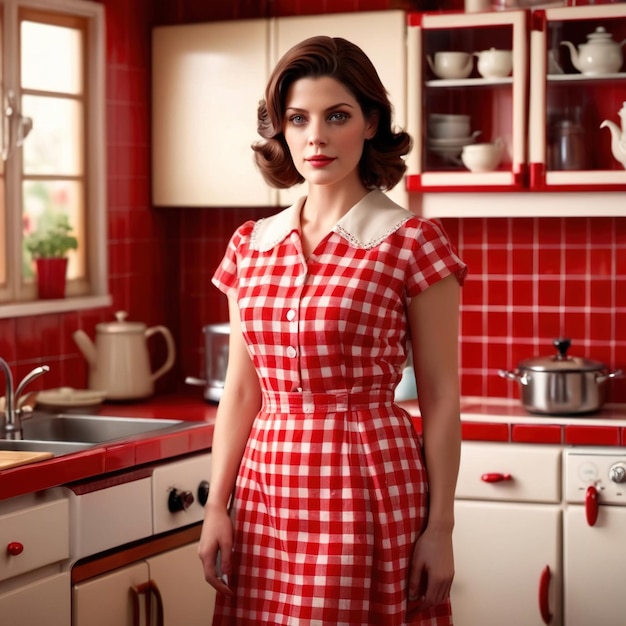 Photo retro vintage 1950s housewife in red outfit and kitchen