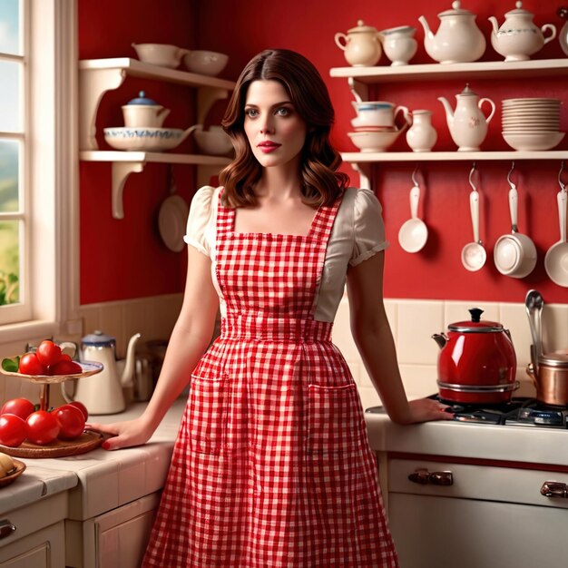 Photo retro vintage 1950s housewife in red outfit and kitchen