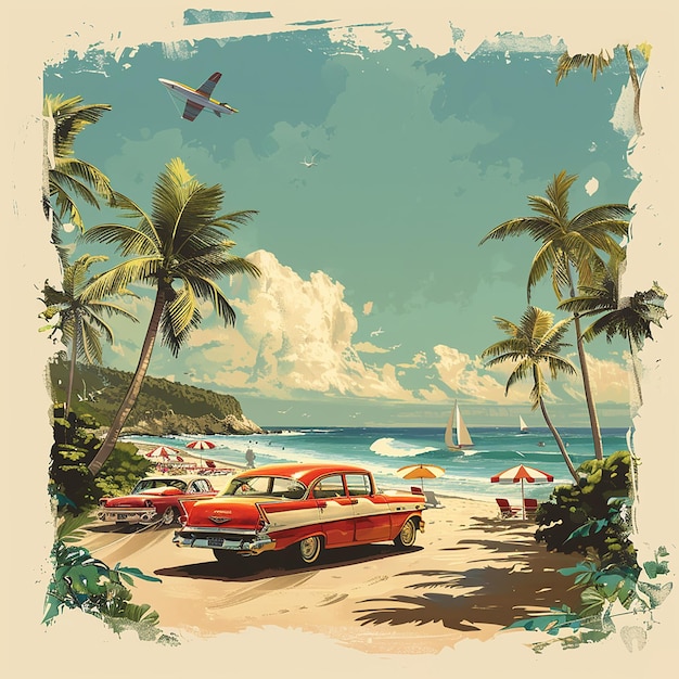 Retro Vintage Beach Scenes Classic Cars Surfboards Beach Umbrellas