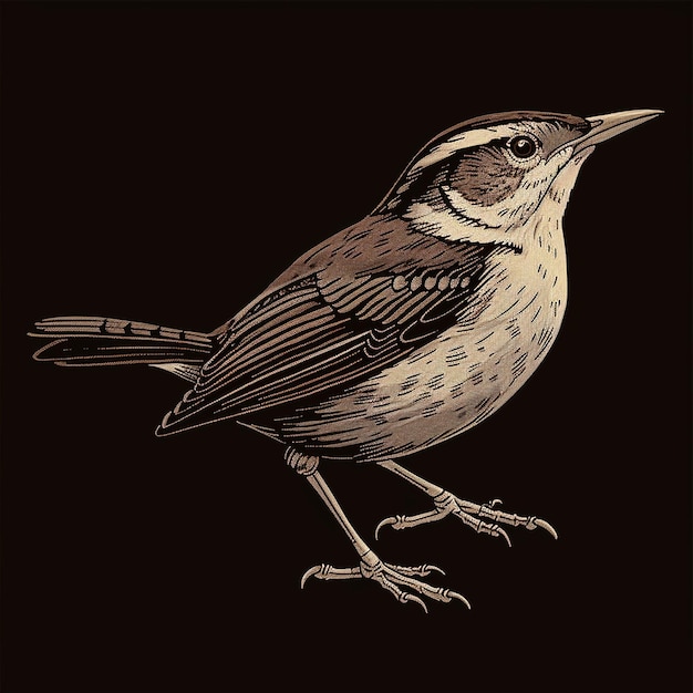 a retro vintage illustration of a wren bird minimal color on black background