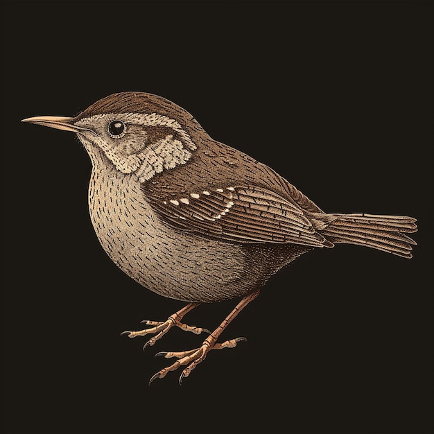 a retro vintage illustration of a wren bird minimal color on black background