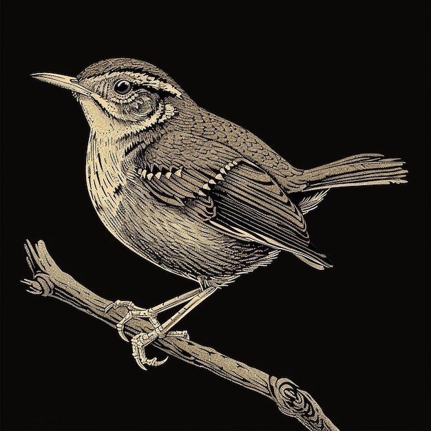 a retro vintage illustration of a wren bird minimal color on black background