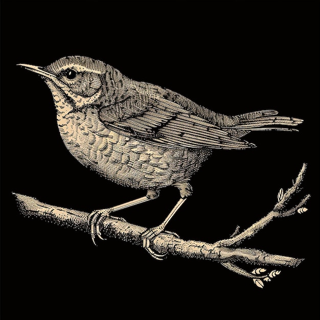 a retro vintage illustration of a wren bird minimal color on black background