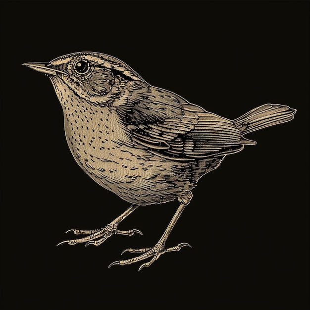 a retro vintage illustration of a wren bird minimal color on black background