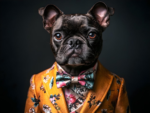 Photo retro vintage portrait of a dog wearing a stylish suit on a gradient background