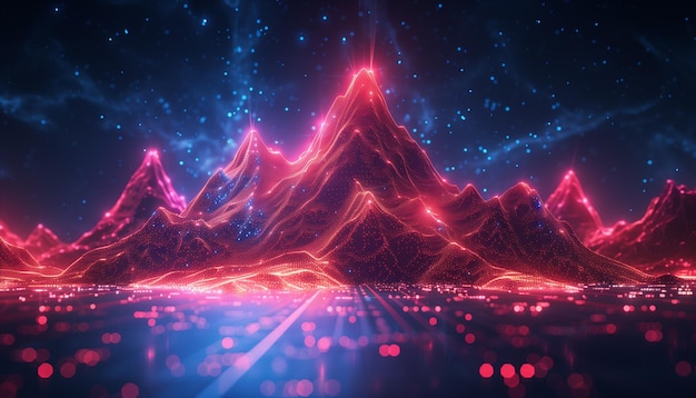 Retro wave mountain style 80s synthwave futuristic Scifi neon lines background Generated AI