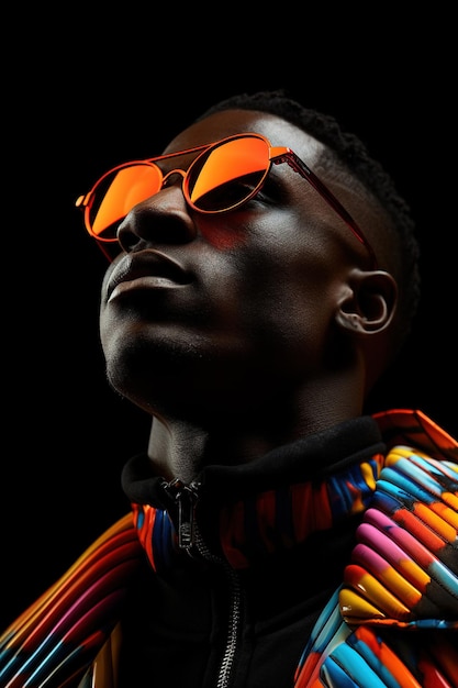 The retro wave or synth wave portrait of a young happy serious African man at studio High Fashion male model in colorful bright neon lights posing on black background Art design concept