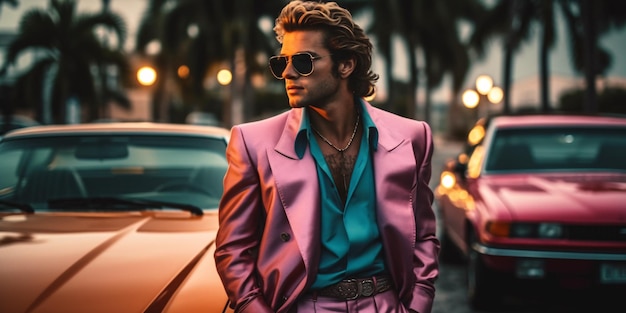 Retro wave vice Miami fashioned man near retro sport car Sunset scene in Miami of 80's Synth wave Outrun Nostalgia Fashion Look Book Generative ai