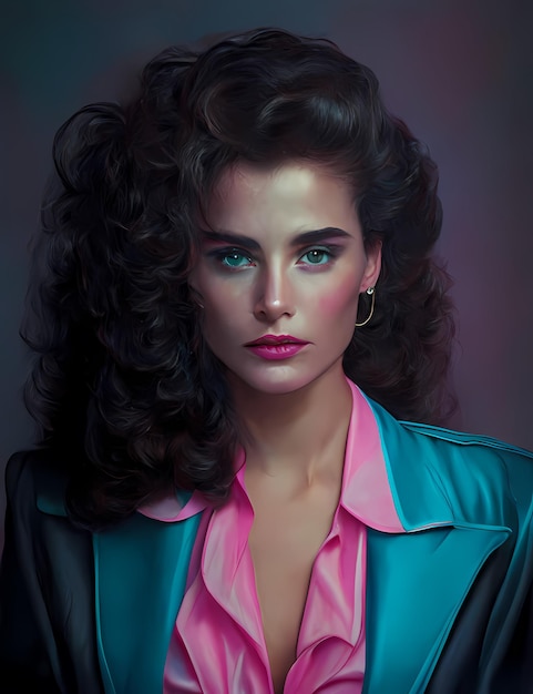 Retro wave vice Miami fashioned woman portrait Sunset scene in Miami of 80's Synth wave Outrun Nostalgia Fashion Look Book Generative ai