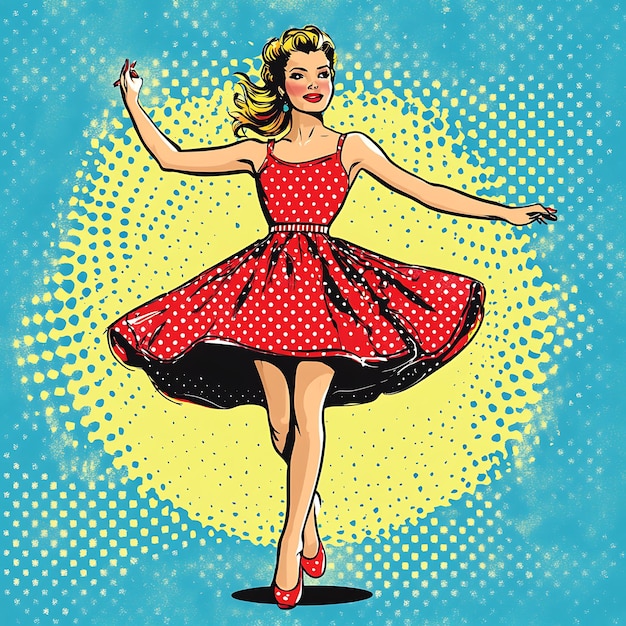 Retro Woman in Polka Dot Dress Walking on a Pop Art Background